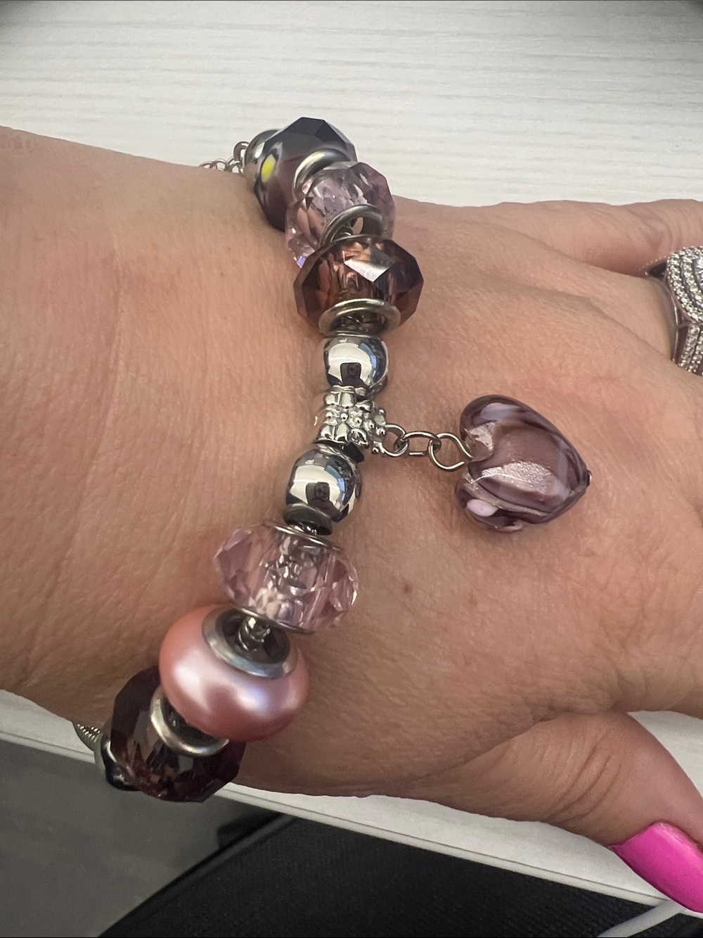 Pink & Purple Glass Charm Bracelet with Heart Accent